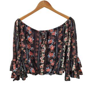 Haute Project Black Boho Floral Bell Sleeve Blouse Tie Front Womens Size Large
